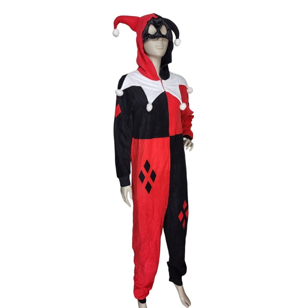 Vintage Harley Quinn DC Comics Fleece Jester Hooded Mask Cosplay Jumpsuit Med